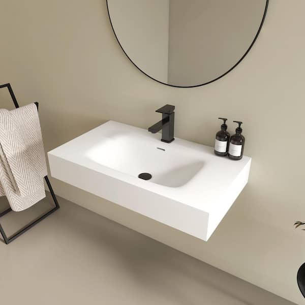 32 x 18 in. Solid Surface Wall Mount Bathroom Vessel Sink with Faucet Holes in Matte White