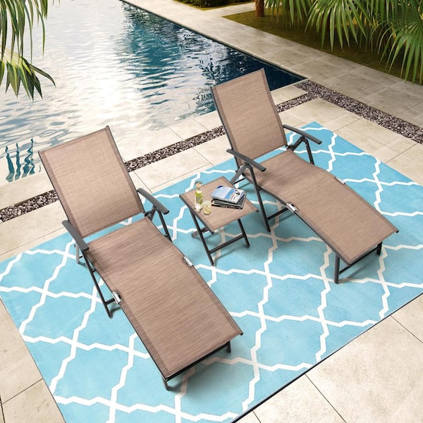 Pellebant 3-Piece Adjustable Aluminum Outdoor Chaise Lounge in Espresso with Side Table