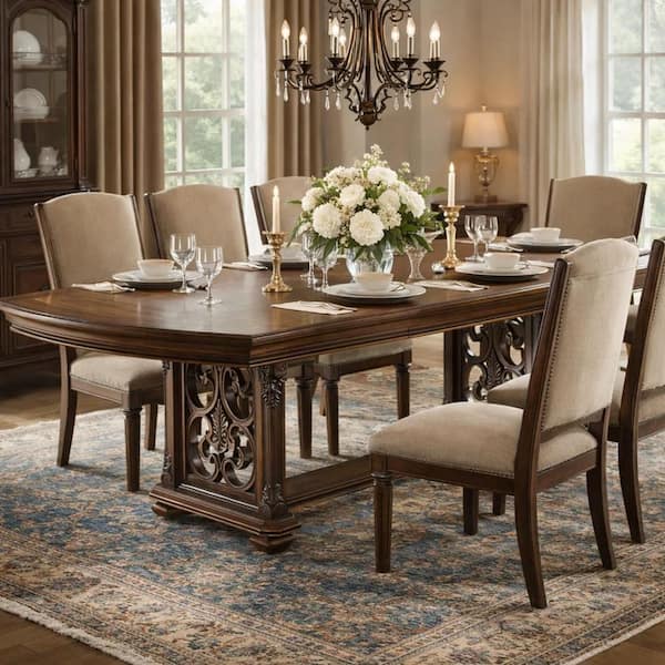 Devi Dark Oak Brown Wood 44 in. Double Pedestal Base Dining Table Seating for 8