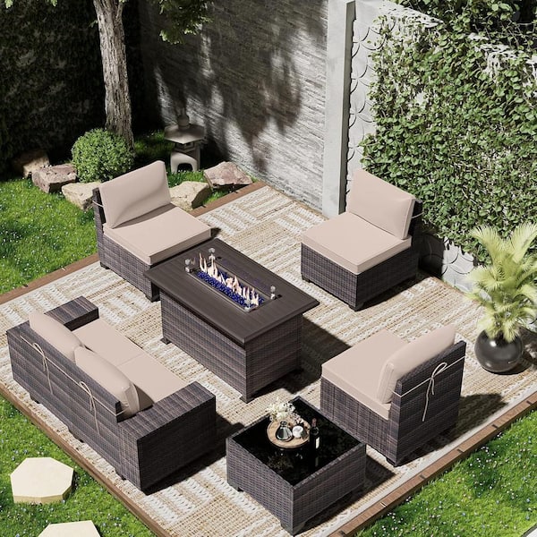 Halmuz 7-Piece Wicker Patio Fire Pit Set with 55000 BTU Gas Fire Pit Table, Coffee Table, Glass Wind Guard and Cushion Sand