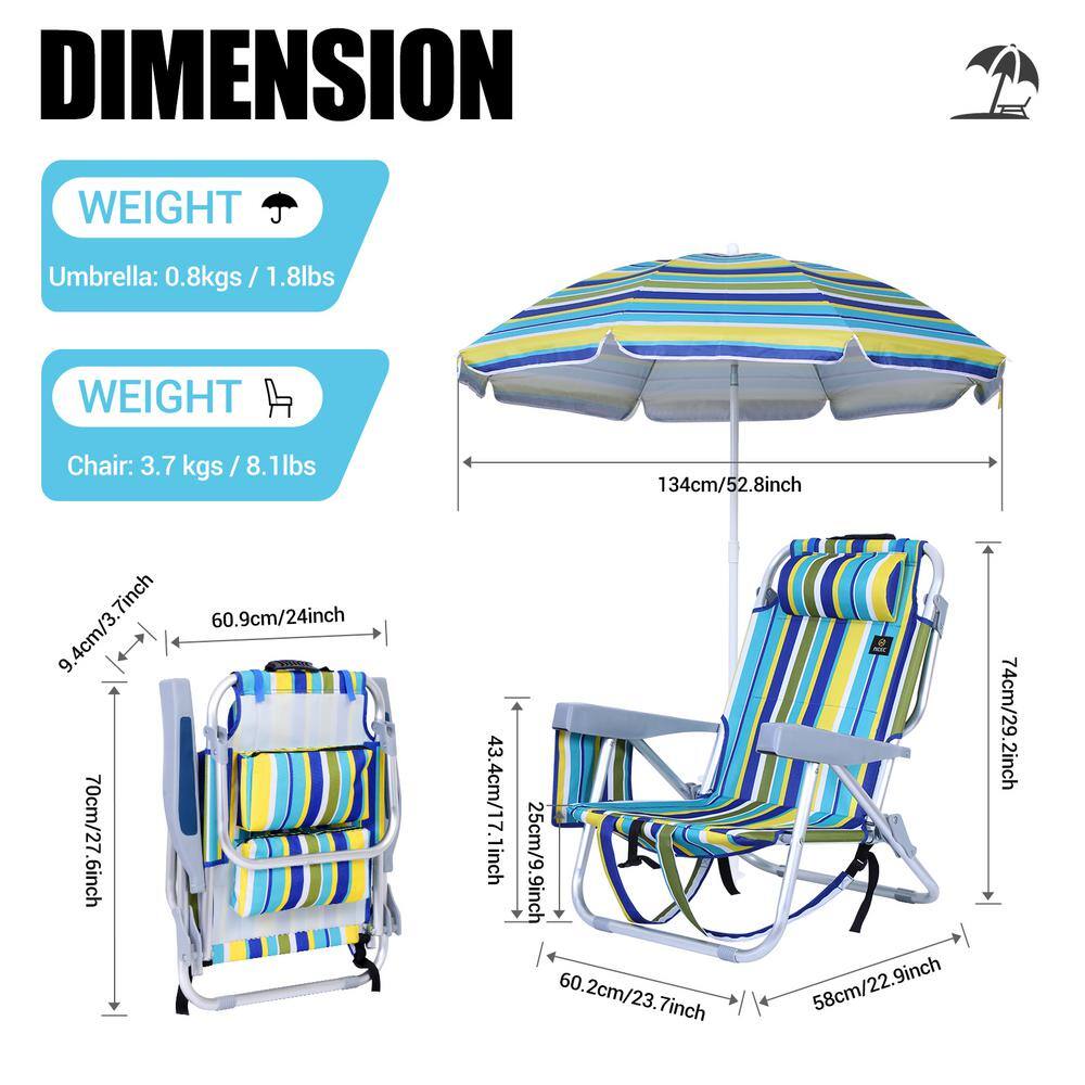 Striped Blue and Green Outdoor Beach Chair Set with Umbrella and Cooler, 2-Pack