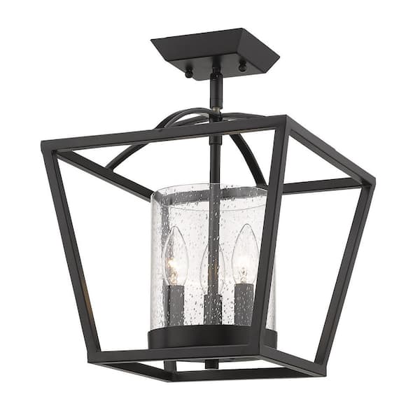 Golden Lighting - Mercer 3-Light Matte Black Mini Chandelier with Matte Black Accents and Seeded Glass