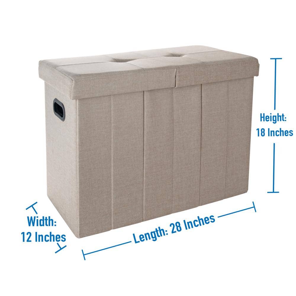 Off-White Polyester Collapsible Flip-Top Ottoman with Laundry Hamper