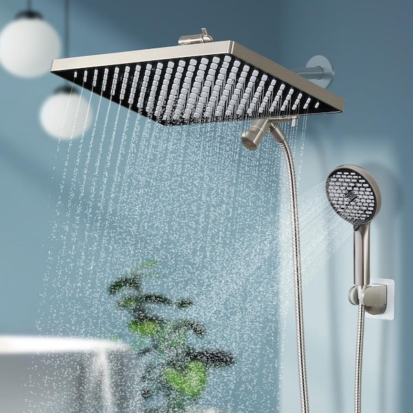 Rainfull 6-Spray 12 in. Wall Mount Dual Shower Head and Handheld Shower Head 1.8 GPM in Brushed Nickel