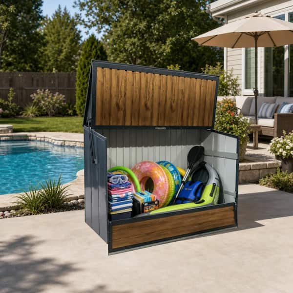 594 Gal Galvanized Steel Horizontal Deck Box, Flip Top Fold Door Outdoor Bike Pool Garden Storage