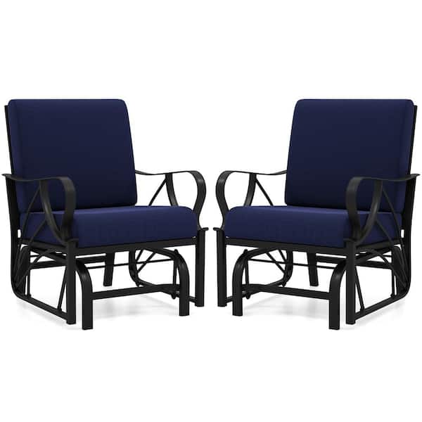 2 Pcs Metal Outdoor Glider Chair Smooth Rocking Single Chair with Thick Navy Cushions and Heavy-Duty Metal Frame