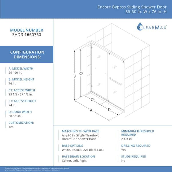 DreamLine Encore 56 in. to 60 in. W x 76 in. H Sliding Semi