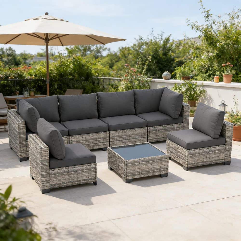 7-Piece Gray Wicker Patio Conversation Set with Dark Gray Cushions and Coffee Table for Backyard price history on PriceWatchPro