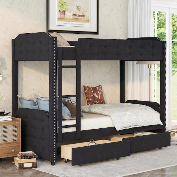 GOJANE Black Twin Over Twin Upholstered Bunk Bed with 2-Drawers, Button-Tufted Headboard and Footboard Design