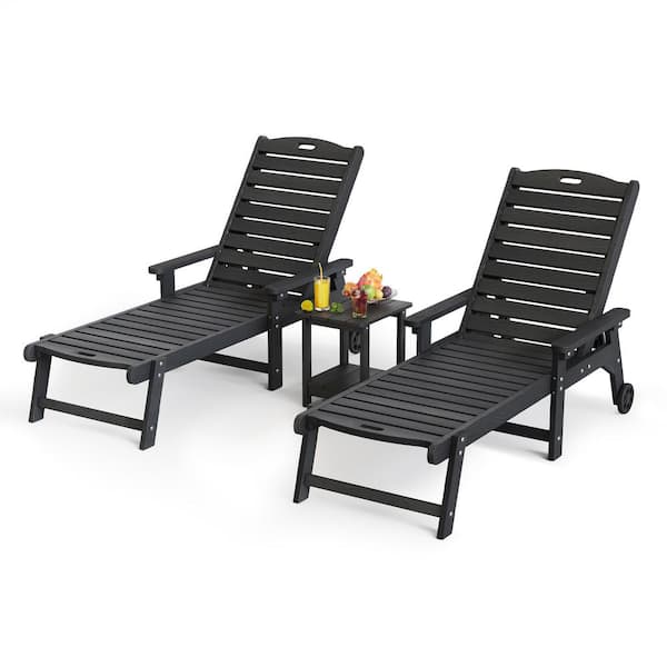 Hellen Keller Black 3-Piece HDPS Plastic Adjustable Outdoor Patio Reclining Chaise Lounge Chair Set with Side Table