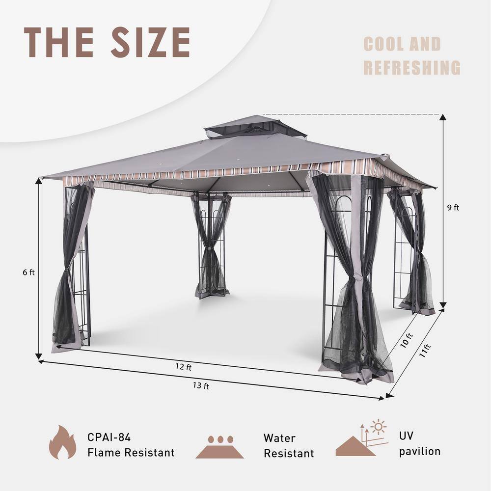 Gray and Black Metal Patio Gazebo with Mosquito Netting