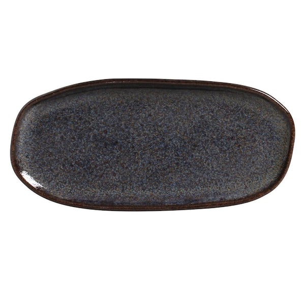 9.06 in. Titanium Dark Blue Stoneware Shallow Oval Platter Organic (Set of 4)