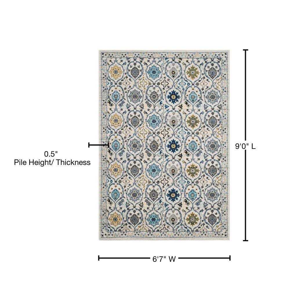 Ivory and Blue Reversible Synthetic Area Rug, 6'7" x 9'