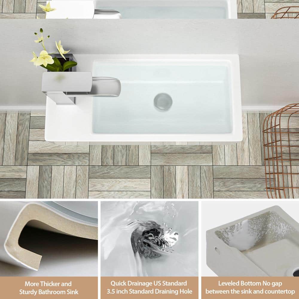 15" White Ceramic Wall-Mounted Floating Bathroom Sink
