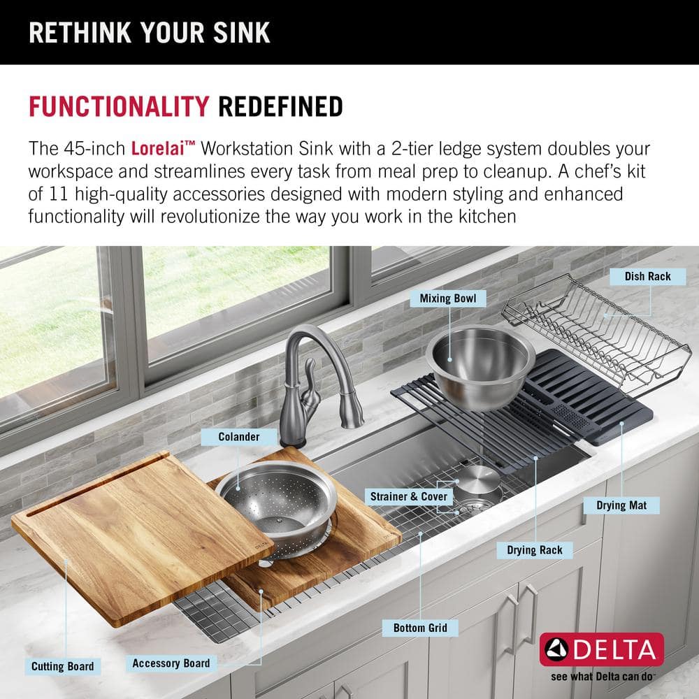 Delta 45" Stainless Steel Workstation Kitchen Sink with Accessories