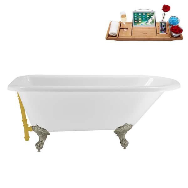 Streamline 62 in. x 29 in. Acrylic Clawfoot Soaking Bathtub in Glossy White with Brushed Gold Drain, Brushed Nickel Clawfeet
