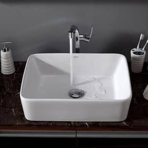 Rectangular Ceramic Vessel Bathroom Sink in White with Pop Up Drain in Chrome