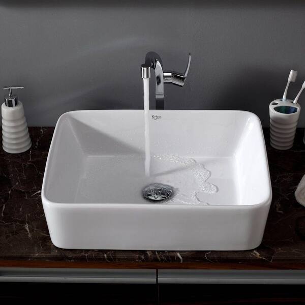 KRAUS Rectangular Ceramic Vessel Bathroom Sink in White with Pop Up