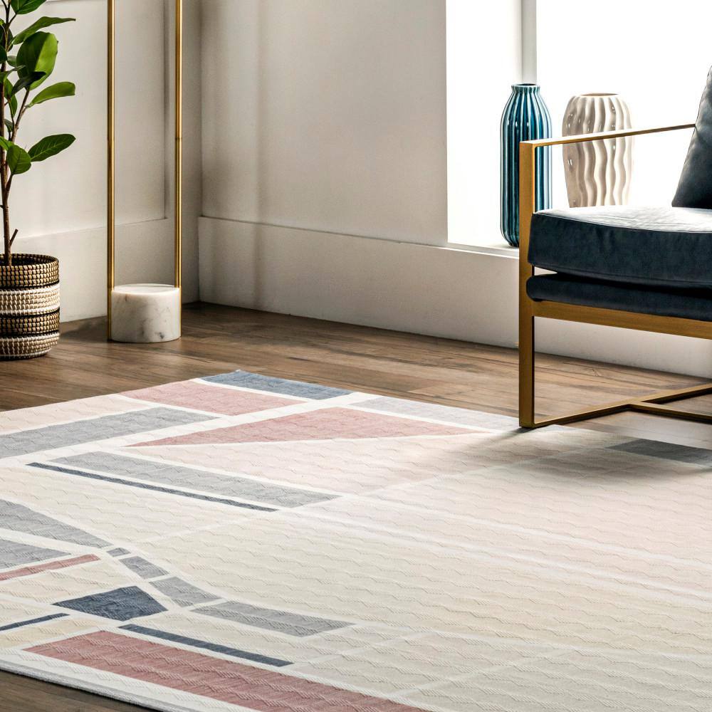 Modern Geometric Gray and Beige Washable Viscose Area Rug