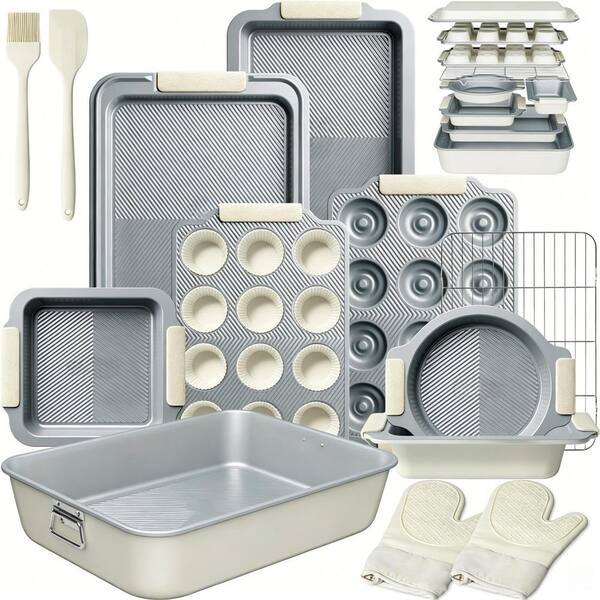 25-Piece Cream Stainless Steel Stackable Bakeware Set with Silicone Handles for Home Kitchen Baking Cookies and Pastries