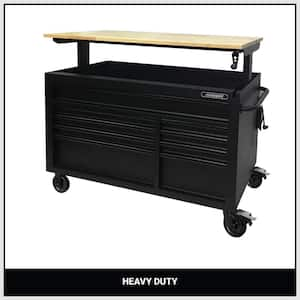 52 in. W x 25 in. D Heavy Duty 9-Drawer Mobile Workbench Cabinet with Adjustable-Height Hardwood Top in Matte Black