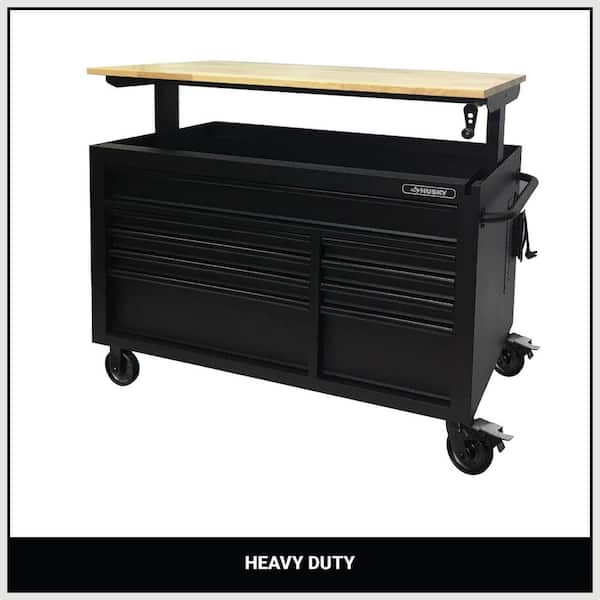 Husky 52 in. W x 25 in. D Heavy Duty 9-Drawer Mobile Workbench Cabinet with Adjustable-Height Hardwood Top in Matte Black