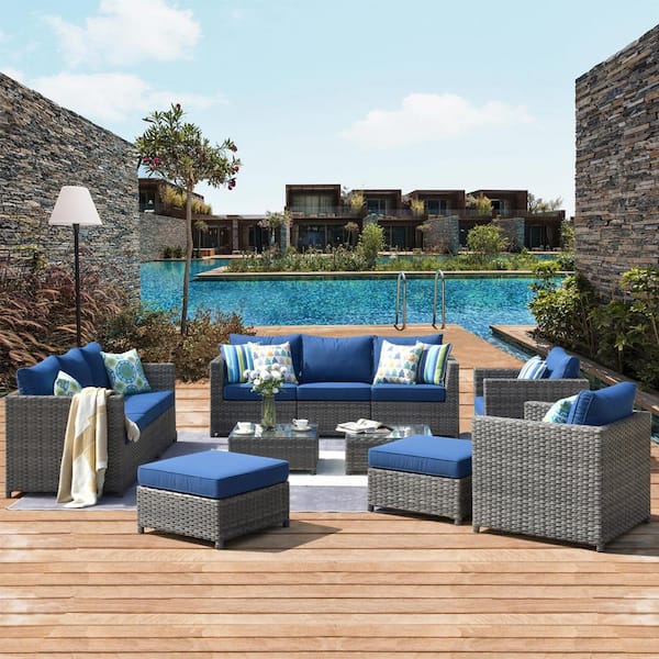 XIZZI Uranus Gray 12-Piece Wicker Outdoor Patio Conversation Seating Set with Navy Blue Cushions