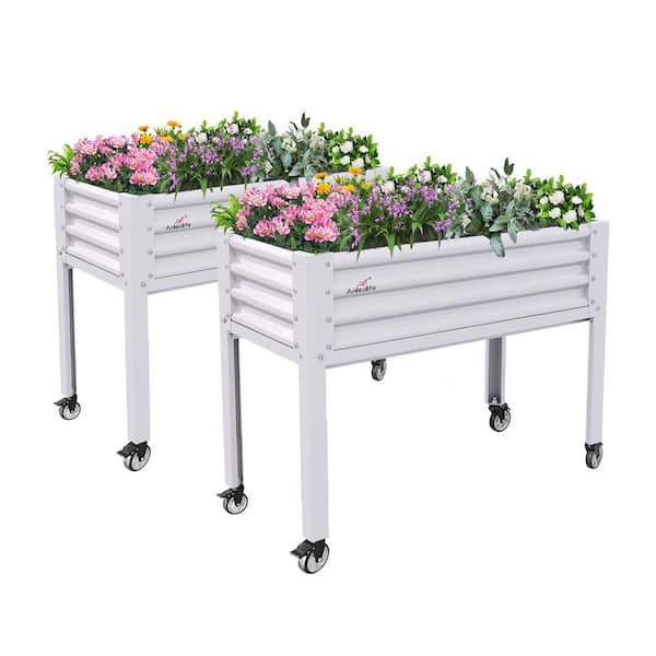 Zeus & Ruta 48 in. x 24 in. x 35 in. White Outdoor Metal Raised Garden Bed with Legs, Drainage Holes on Wheels for Backyard (2-Pack)