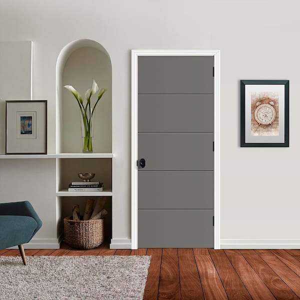 32 in. x 80 in. Left-Hand 5-Panel Solid Core Gray Pearl Painted Composite Single Prehung Interior Door
