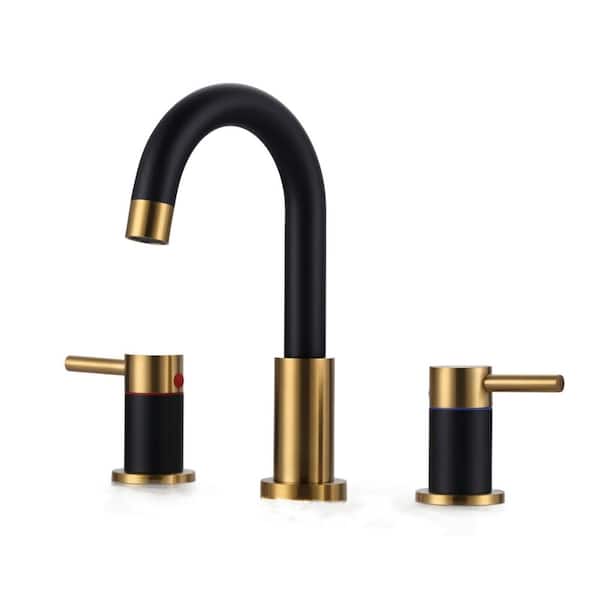 8 in. Widespread Double Handle Bathroom Faucet with Swivel Spout, Pop-Up Drain and Supply Lines in Black and Gold