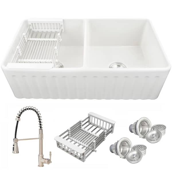 White Fireclay 33 in. Double Bowl Apron-Front Kitchen Sink with Faucets, Basket Strainer