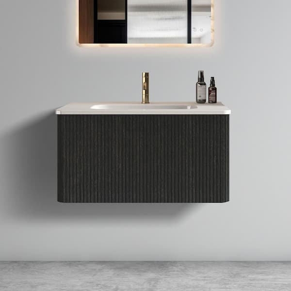 WELLFOR 29.9 in. W x 18.3 in. D x 15.6 in. H Single Sink Wall Mounted Floating Bathroom Vanity in Black with White Ceramic Top