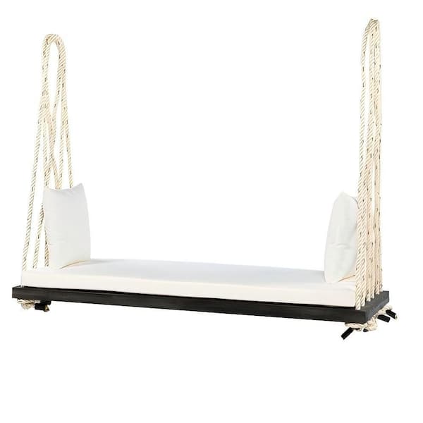 EPIPHANY DOUBLED INC 2-Person Brown Acacia Wood Porch Swing Bench with Beige Cushion and Pillows