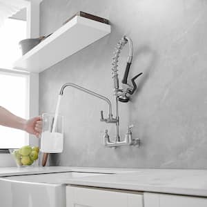 Commercial Restaurant Pull Down 2-Handle Wall Mount Pre-Rinse Spray Utility Kitchen Faucet in Brushed Nickel