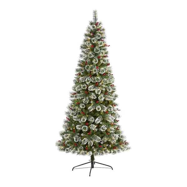 Nearly Natural 8 Ft Pre Lit Frosted Swiss Pine Artificial Christmas Tree With 550 Clear Led Lights And Berries T1630 The Home Depot