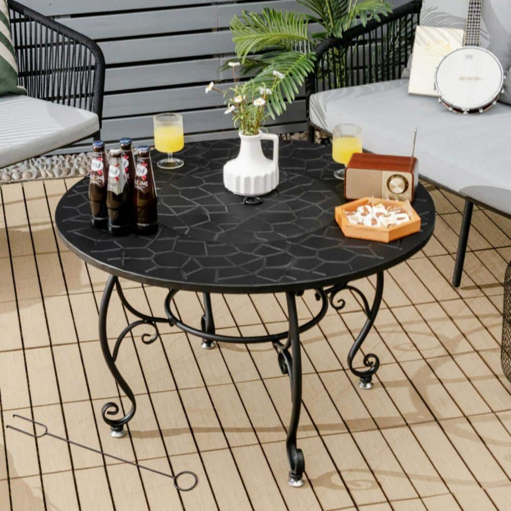 Black Steel Round Fire Pit Table with Cooking Grate