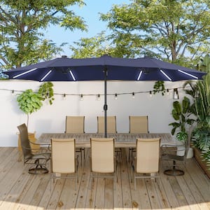 15 ft. Iron Market Patio Umbrella in Navy Blue with Base and Solar LED Strip Lights
