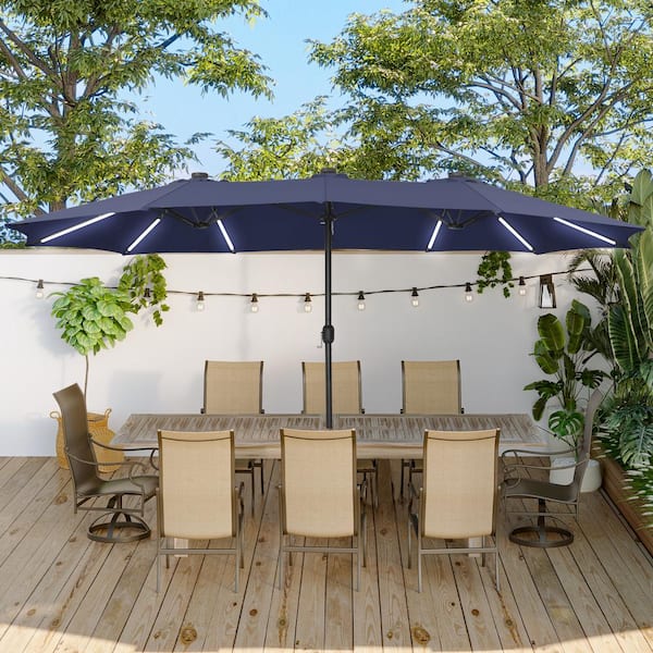 Unbranded 15 ft. Iron Market Patio Umbrella in Navy Blue with Base and Solar LED Strip Lights
