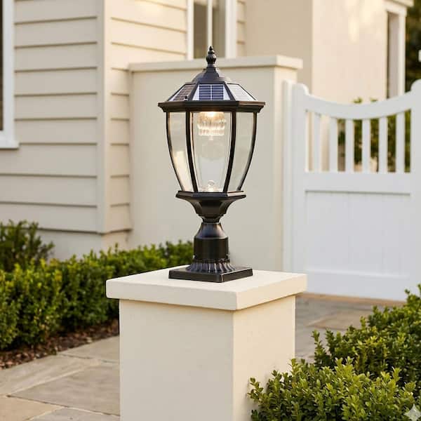 1-Light Black Aluminum Outdoor Weather Resistant Solar Post light Set With LED Light