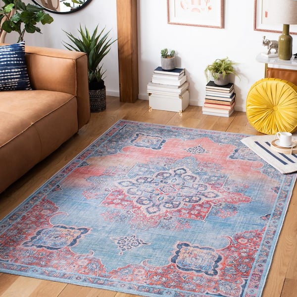 Serapi Red/Blue 4 ft. x 6 ft. Machine Washable Geometric Distressed Area Rug