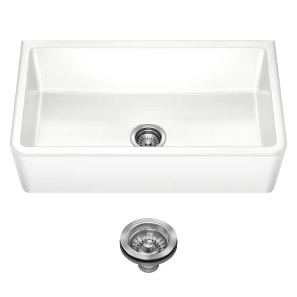 Turino Reversible Farmhouse Apron Front Fireclay 33 in. Single Bowl Kitchen Sink with Bottom Grid in Gloss White