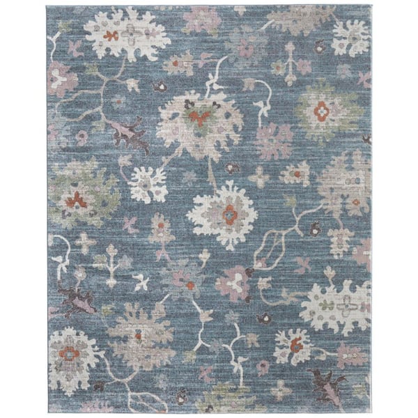 5 ft. x 8 ft. Blue Ivory And Pink Abstract Distressed Area Rug