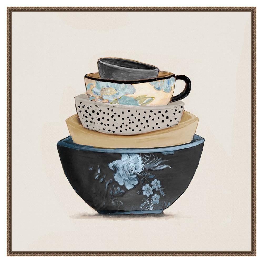 Stacked Blue and Beige Bowls Framed Canvas Wall Art