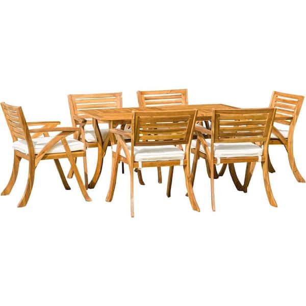 Misopily 7-Piece Acacia Wood Teak Rectagular Table Outdoor Dining Set with Cream Cushion
