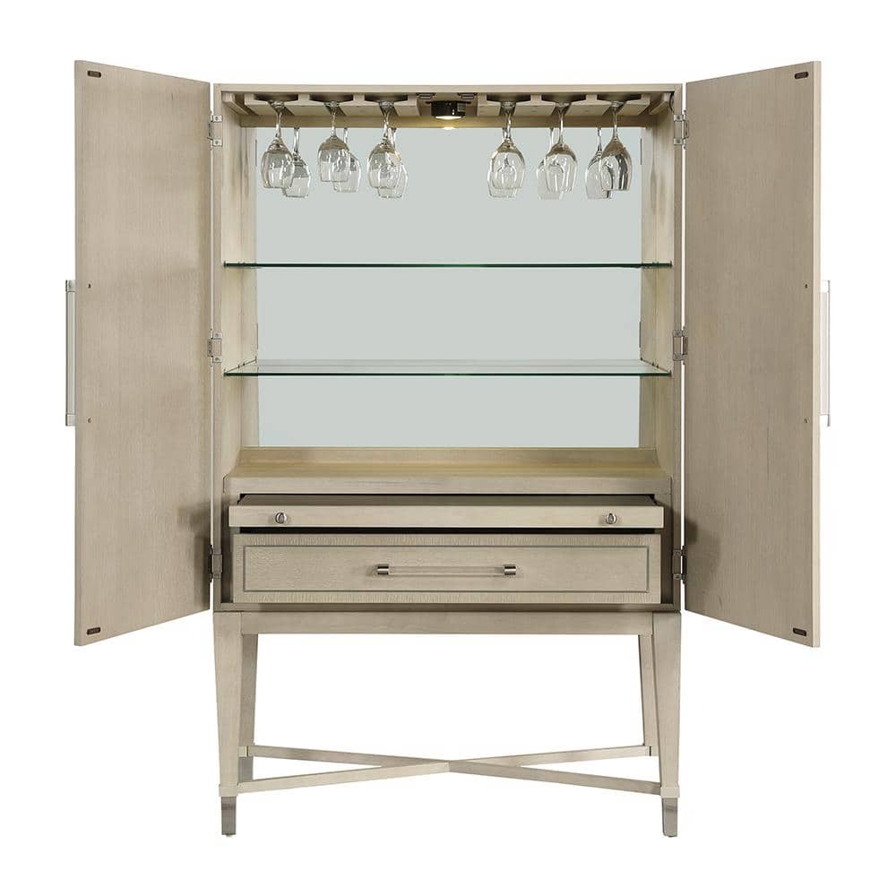 Light Oak and Glass Bar Cabinet with Adjustable Shelves