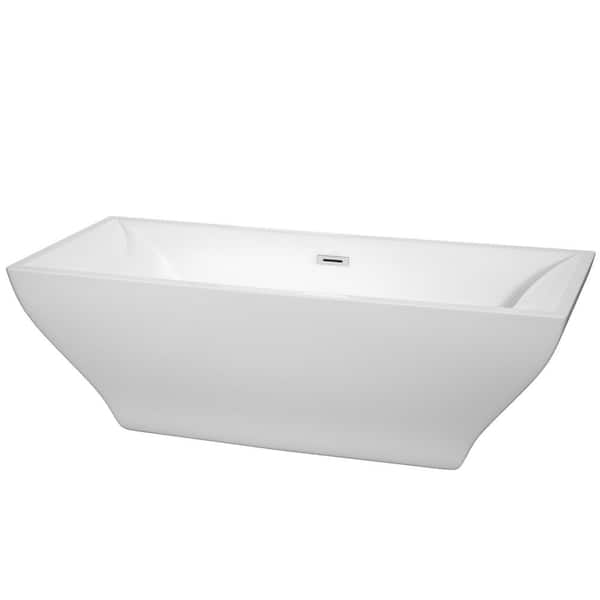 Wyndham Collection Maryam 70.75 in. Acrylic Flatbottom Center Drain Soaking Tub in White with Polished Chrome Trim