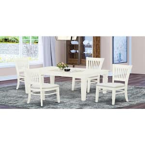 5-Piece Rectangle Linen White Finish Solid Wood Top Dining table with 4 Chairs with Butterfly Leaf Slat Back