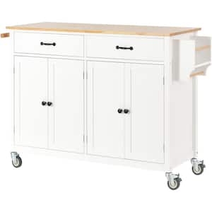 White Rolling Rubber Wood Top 54 in. W Kitchen Island Cart with Rubber Wood Top and Locking Wheels