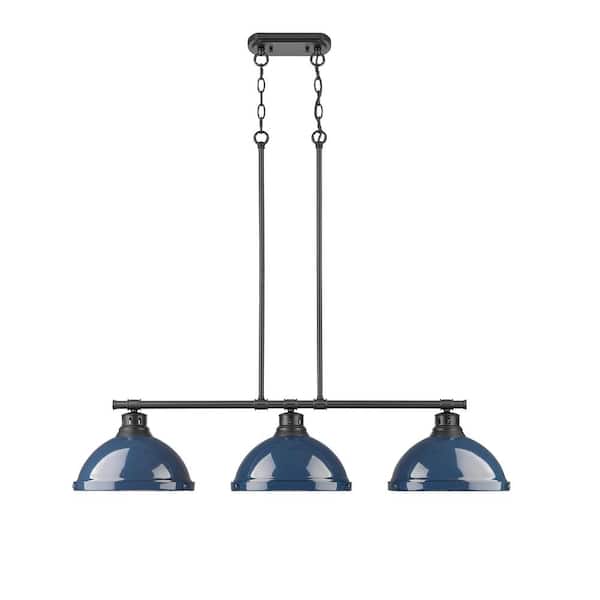 Golden Lighting Duncan 300-Watt 3-Light Matte Black Island Pendant Light with Blue Shade and No Bulbs Included