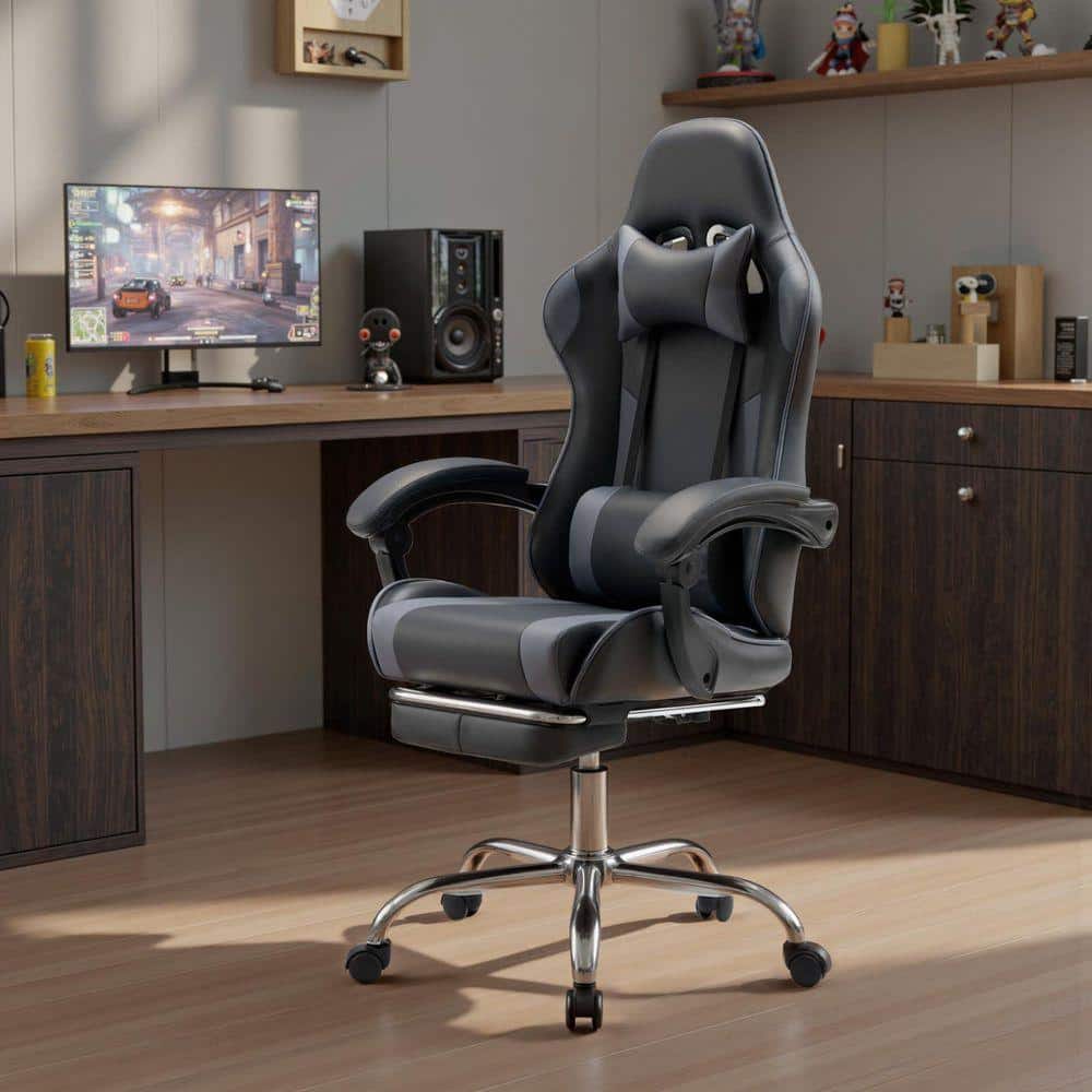 Ergonomic Faux Leather High Back Reclining Gaming Chair with Footrest for Adults in Black Gray with Linkage Armrests